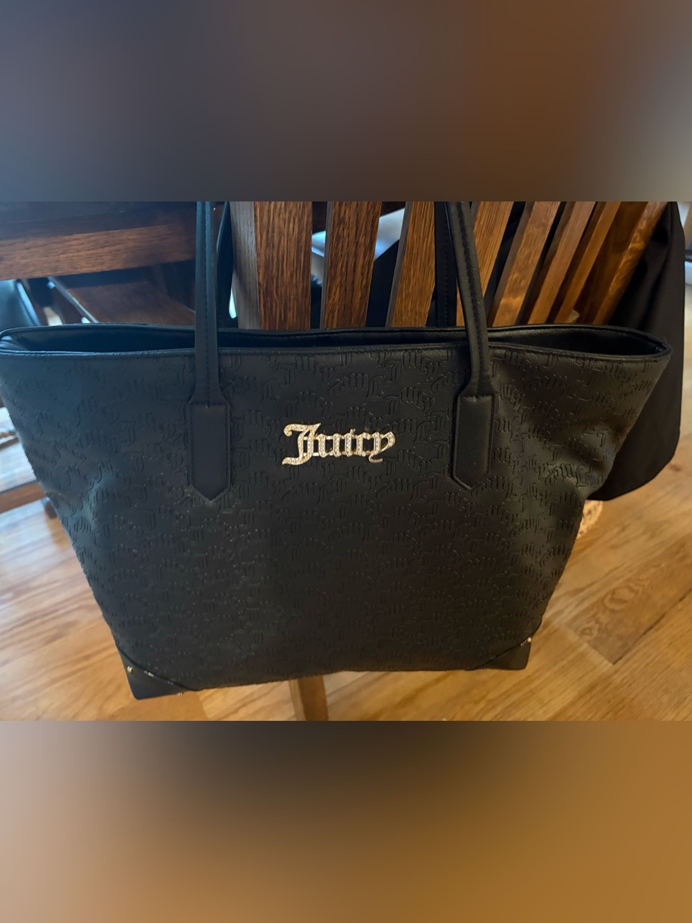 Gorgeous Juicy Couture Black Tote Liquorice Gold Rhinestone Large Badge 17” x 13